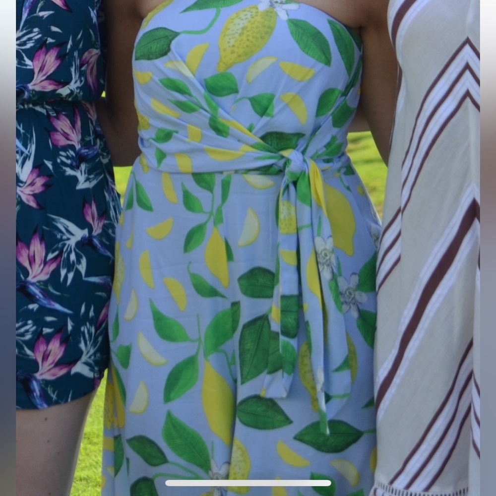 Strapless jumpsuit with yellow and green pattern